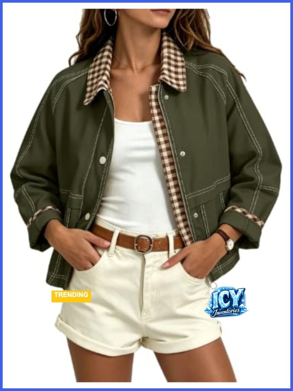 Women's Cropped Plaid Bomber Jacket Lightweight Cotton Oversized Zip Up